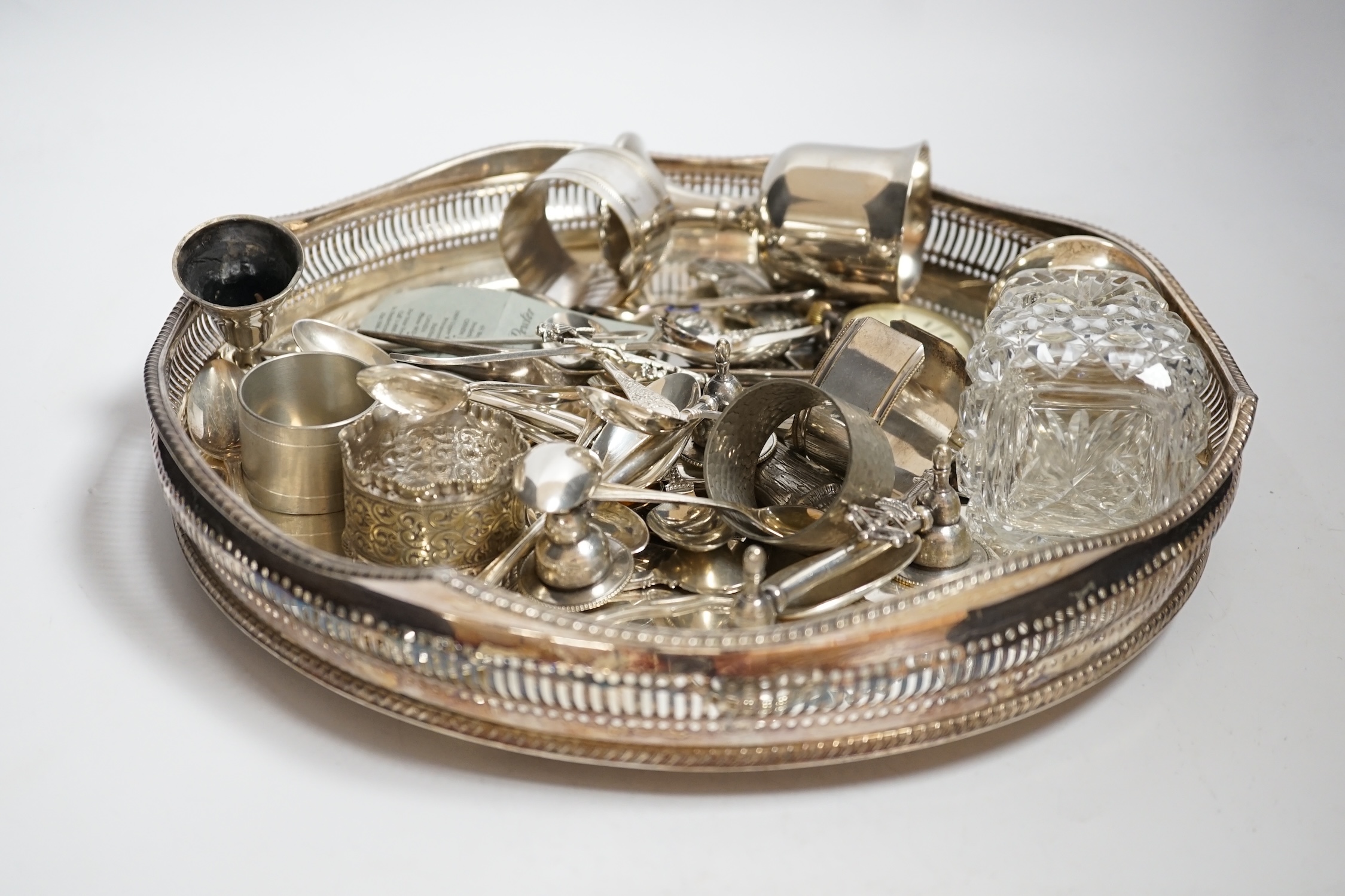 Assorted silver plated and pewter items including a gallery tray, etc. together with a silver pocket watch and silver mounted glass sugar sifter.